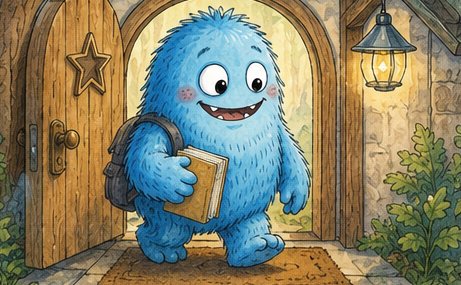 Il mostriciattolo entra al lavoro con zaino e libro